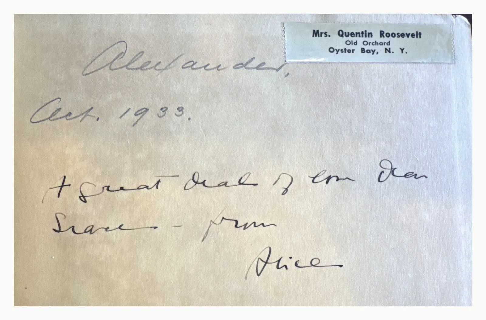 Close-up of the inscription signed “from Alice”
