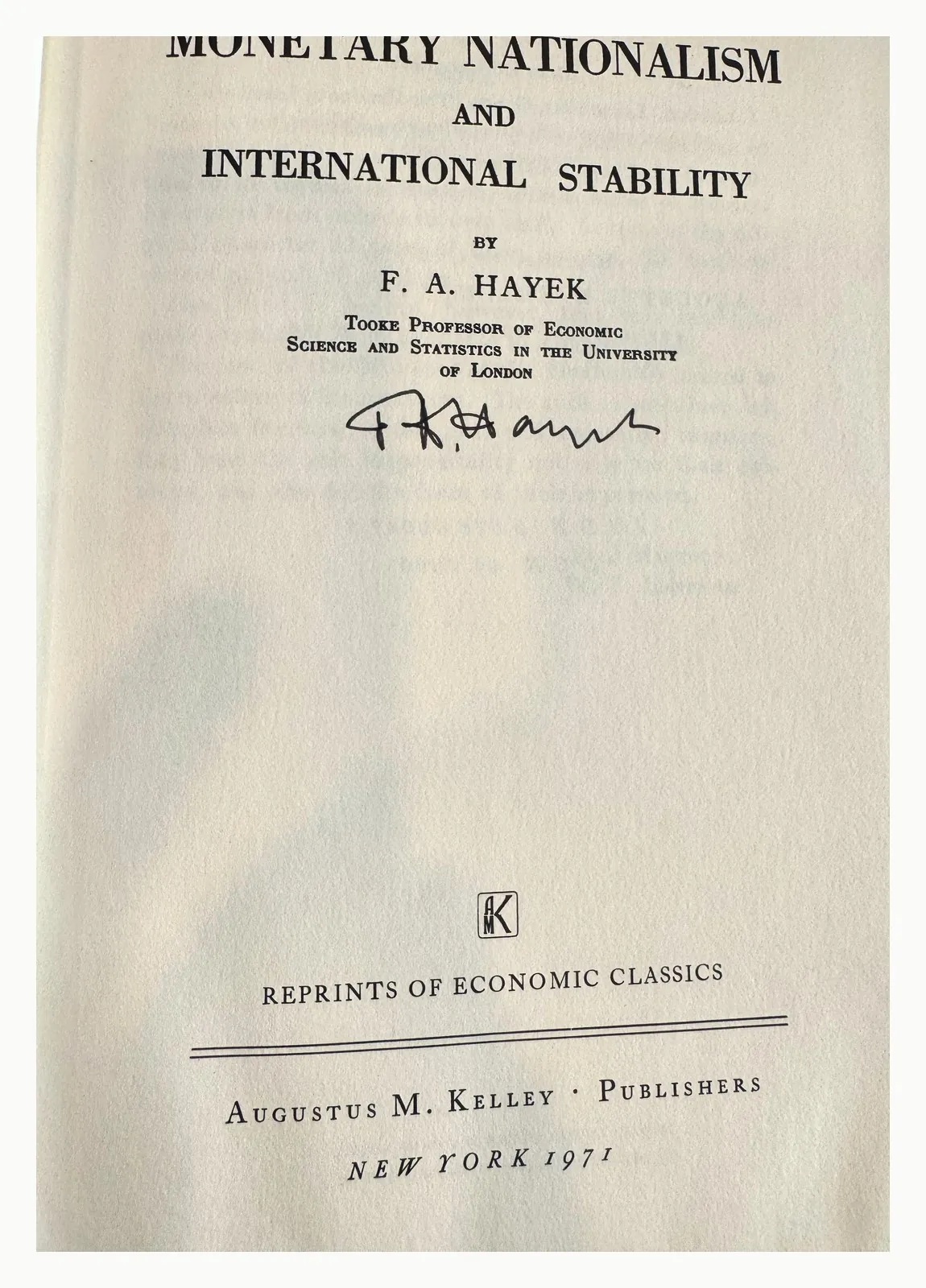 Title page signed F. A. Hayek in black ink