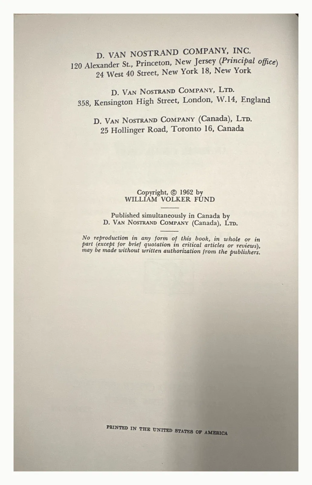 Copyright page, 1962